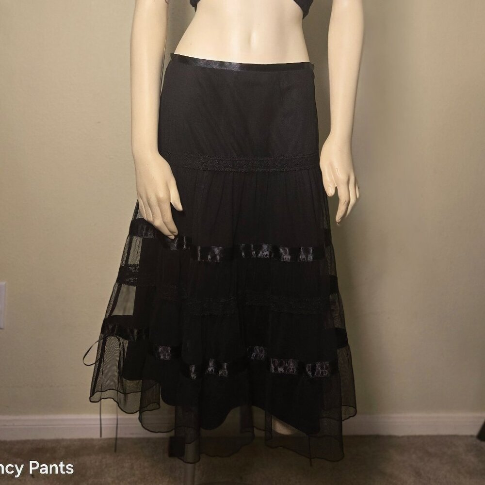Vintage Express Black Sheer Tiered Maxi Skirt Y2K Goth Mesh Lace